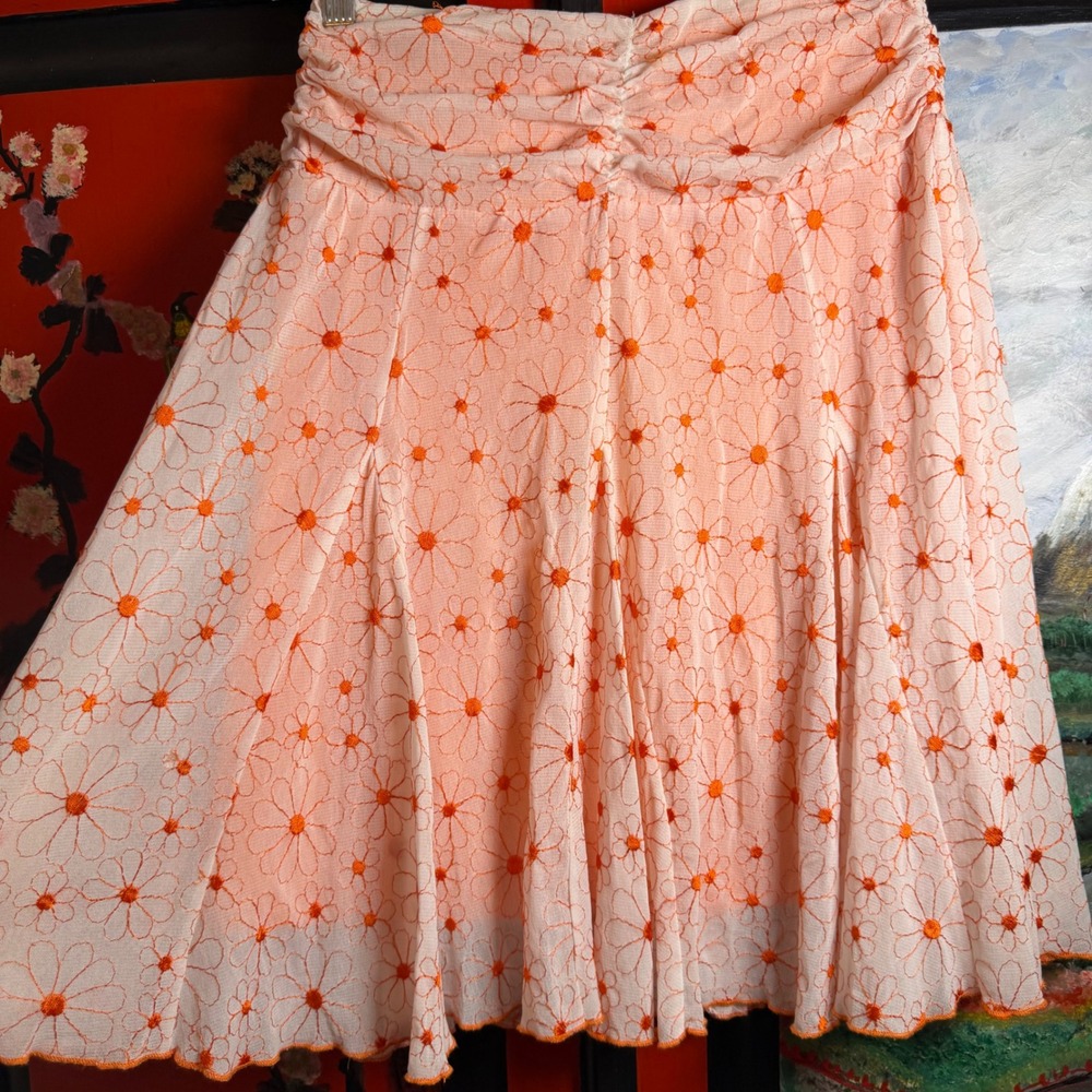 White Orange Floral Embroidered Cutesy Forest Fairy Knee Length Skirt Size M - Picture 11 of 11